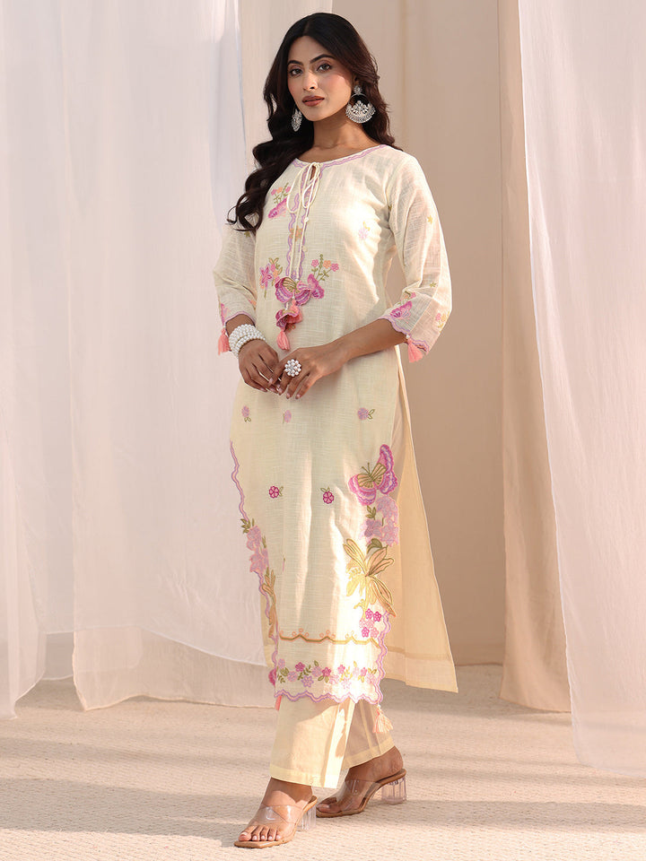 Libas Off White Floral Embroidered Cotton Blend Straight Suit Set