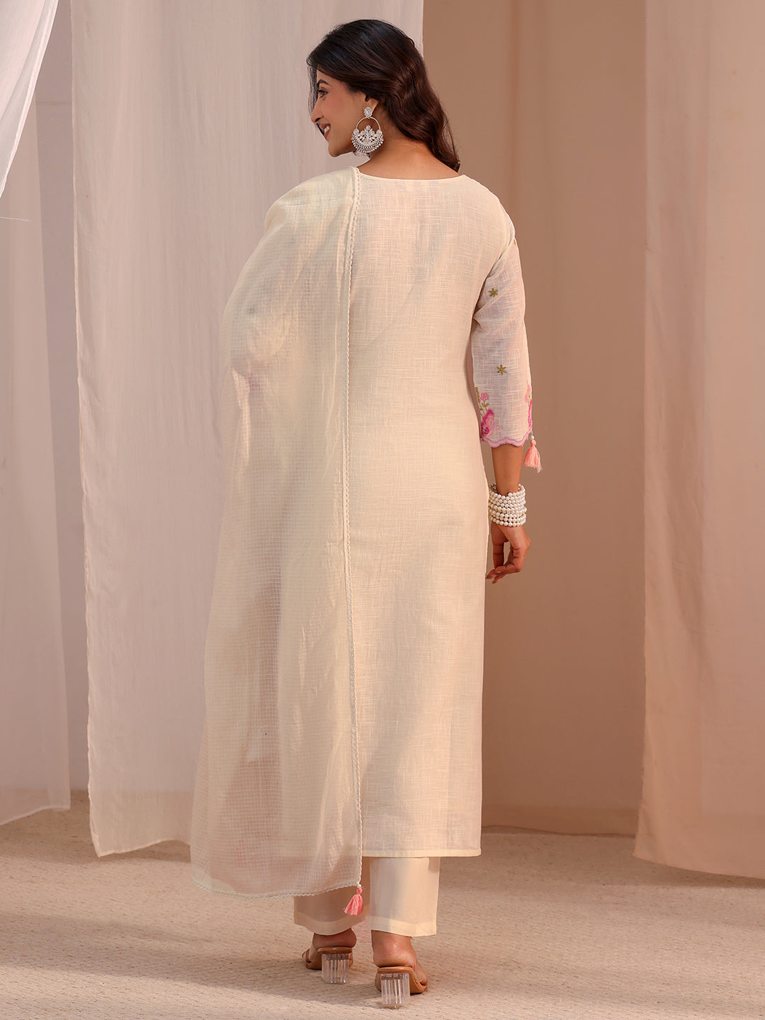 Libas Off White Floral Embroidered Cotton Blend Straight Suit Set