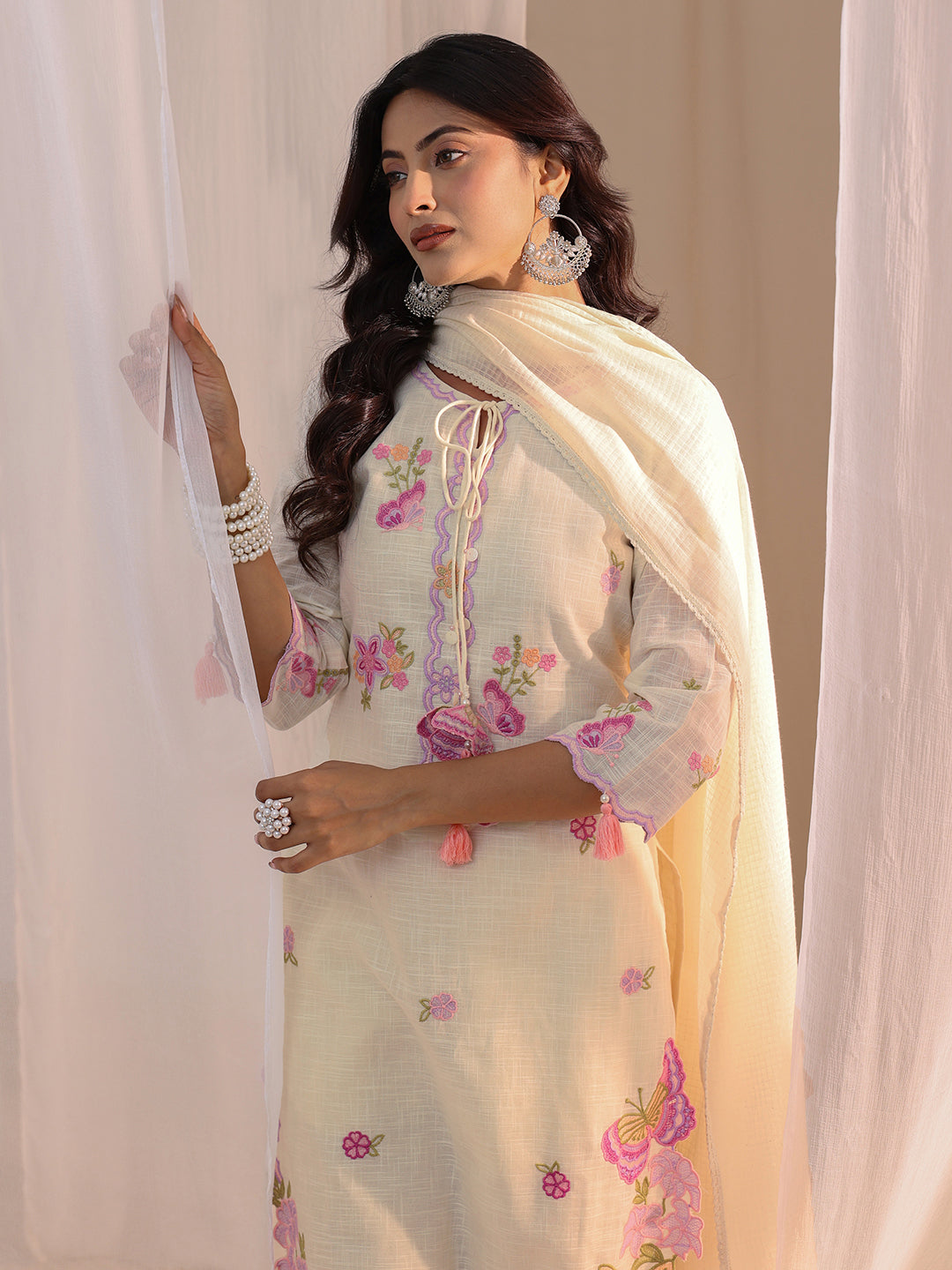 Libas Off White Floral Embroidered Cotton Blend Straight Suit Set