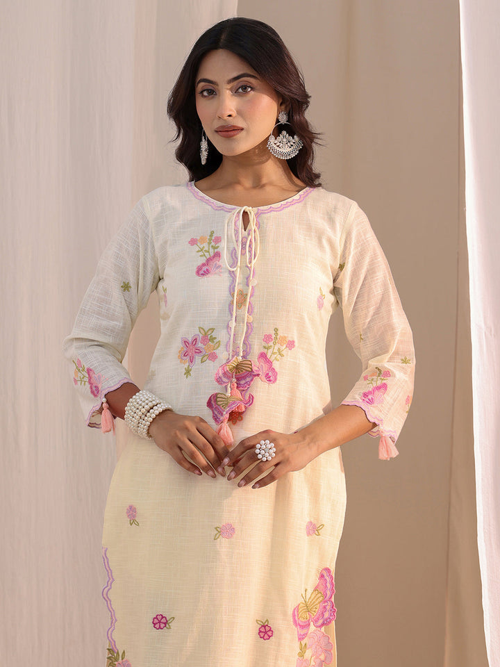 Libas Off White Floral Embroidered Cotton Blend Straight Suit Set