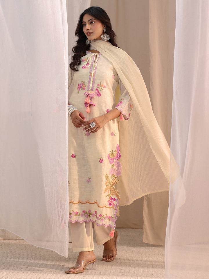 Libas Off White Floral Embroidered Cotton Blend Straight Suit Set