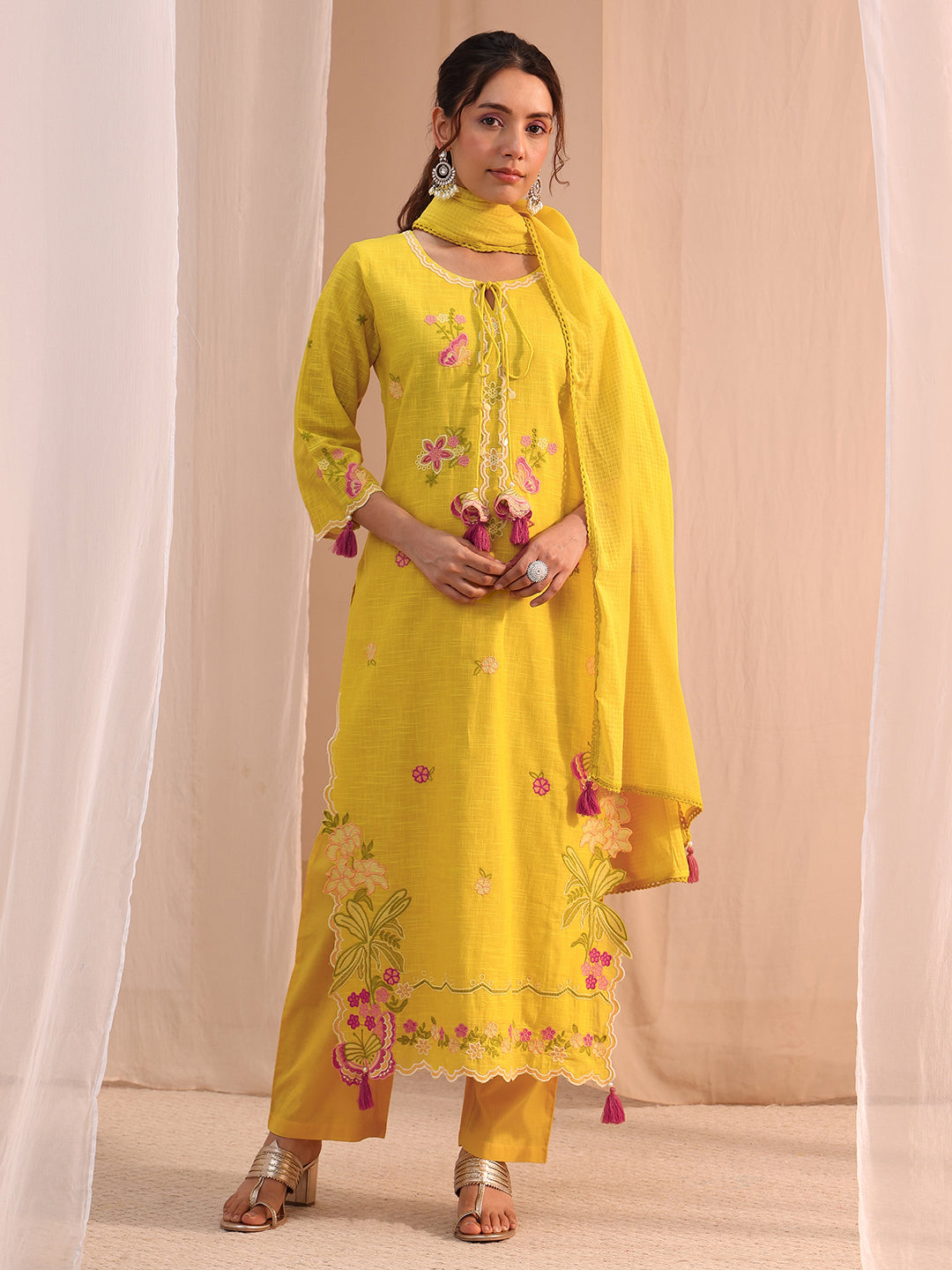 Libas Mustard Floral Embroidered Cotton Blend Straight Suit Set