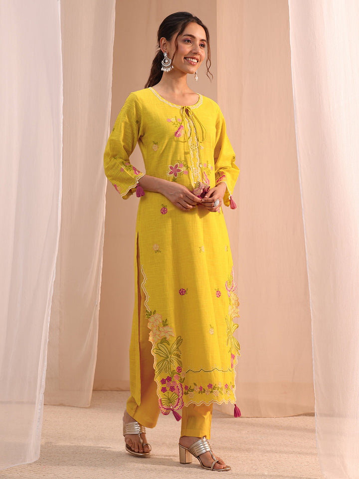 Libas Mustard Floral Embroidered Cotton Blend Straight Suit Set