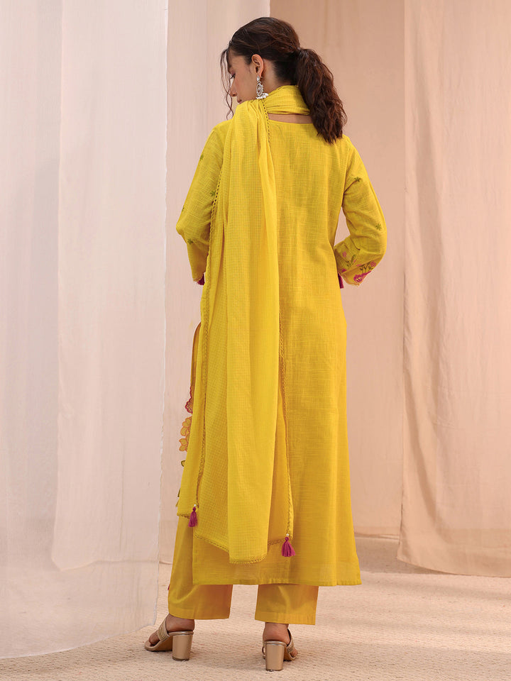 Libas Mustard Floral Embroidered Cotton Blend Straight Suit Set