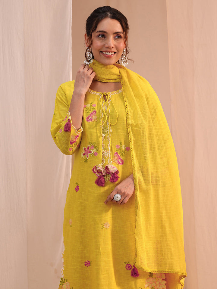 Libas Mustard Floral Embroidered Cotton Blend Straight Suit Set
