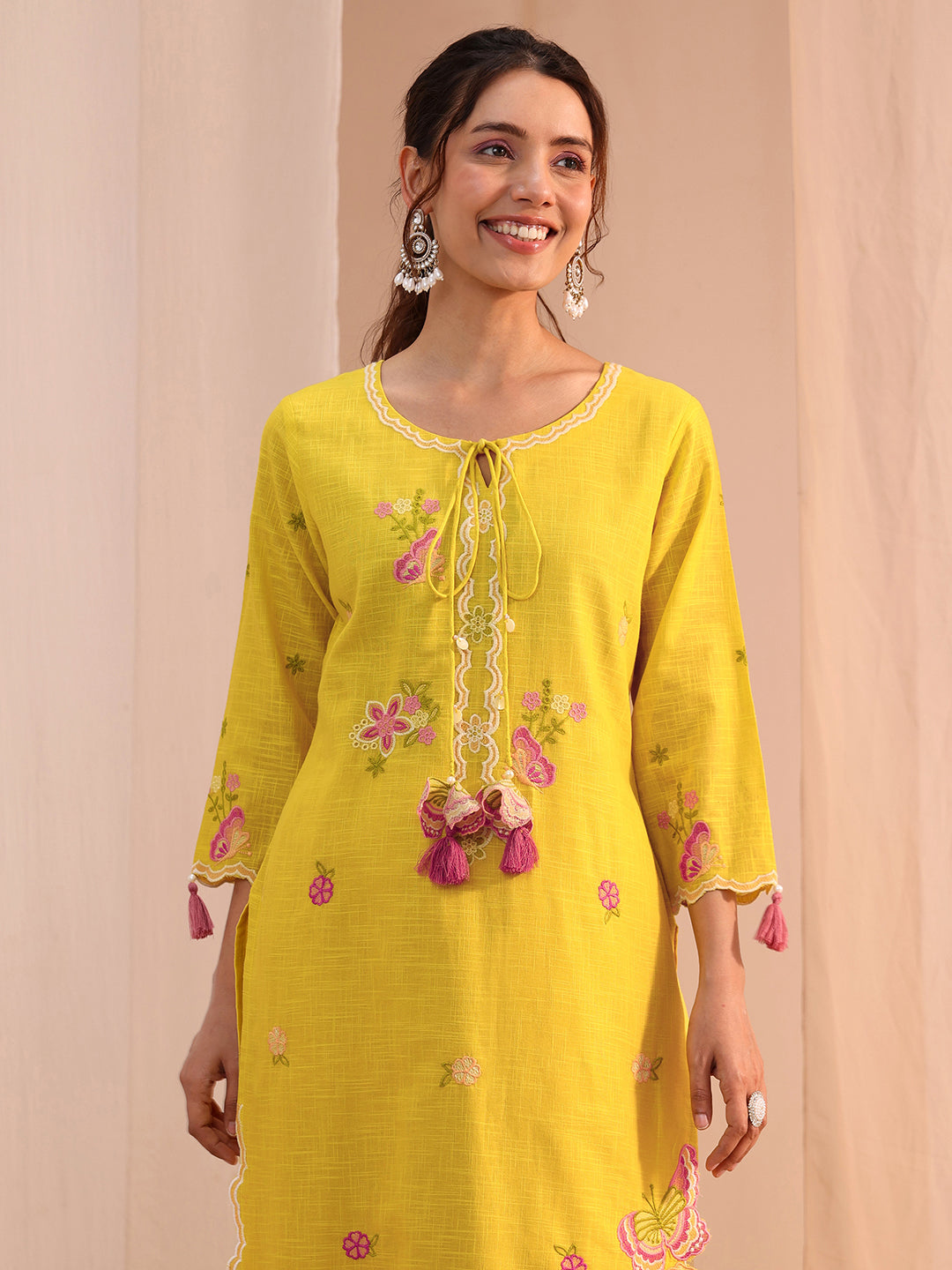 Libas Mustard Floral Embroidered Cotton Blend Straight Suit Set