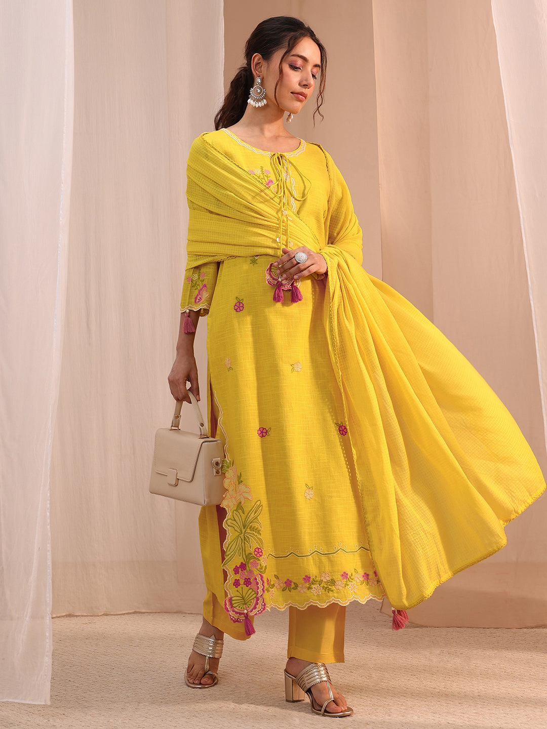 Libas Mustard Floral Embroidered Cotton Blend Straight Suit Set