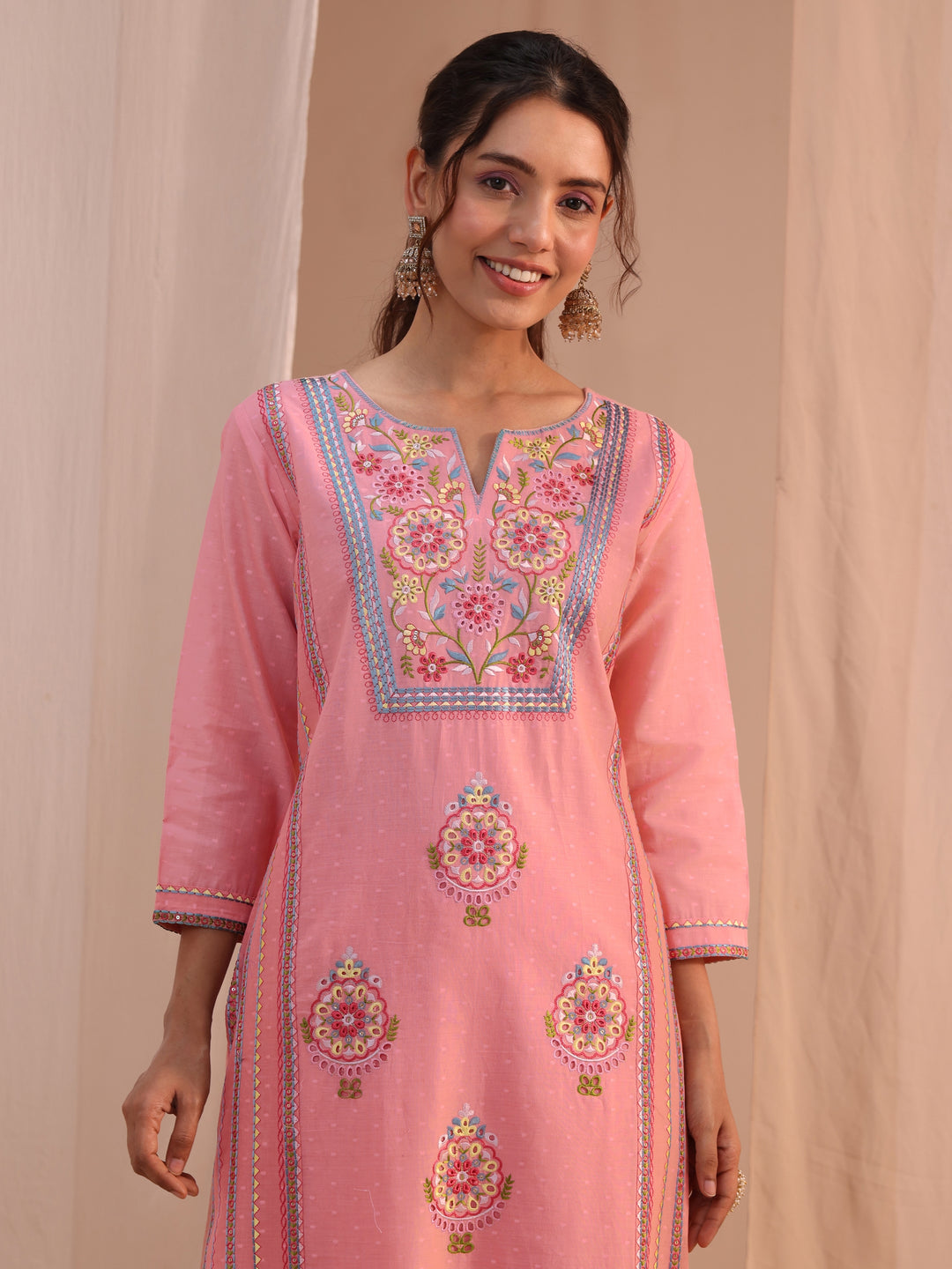 Libas Peach Floral Embroidered Cotton Blend Straight Suit Set