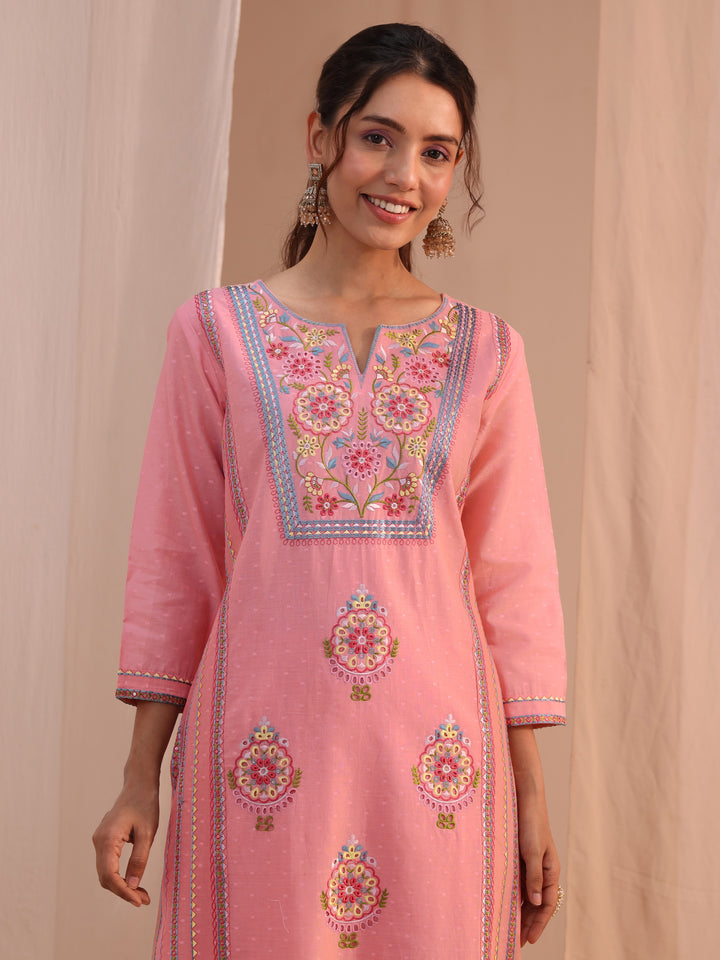 Libas Peach Floral Embroidered Cotton Blend Straight Suit Set