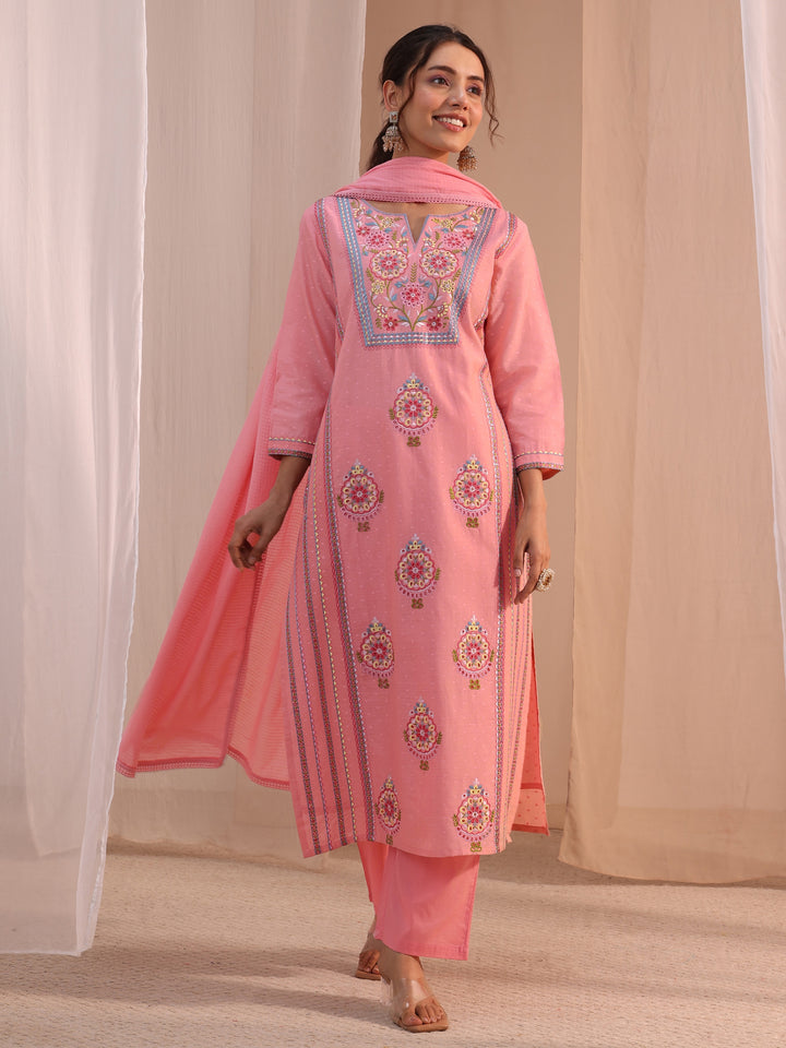 Libas Peach Floral Embroidered Cotton Blend Straight Suit Set