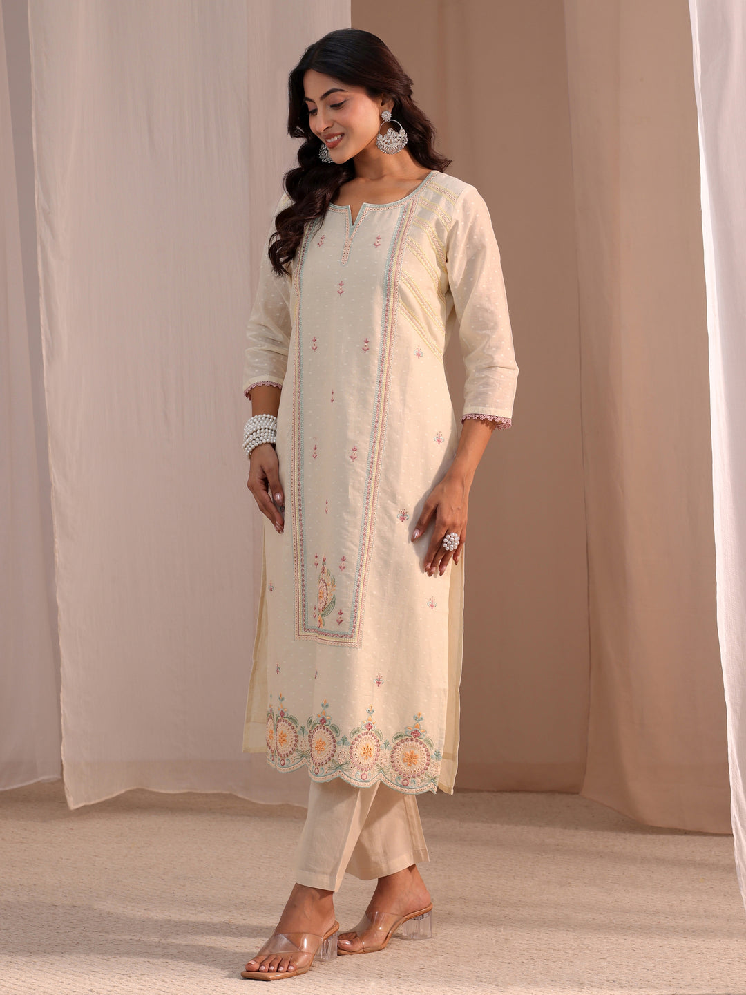Libas Off White Embroidered Cotton Blend Straight Suit Set