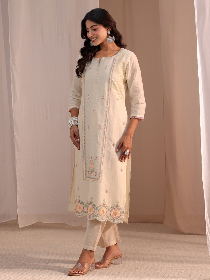 Libas Off White Embroidered Cotton Blend Straight Suit Set