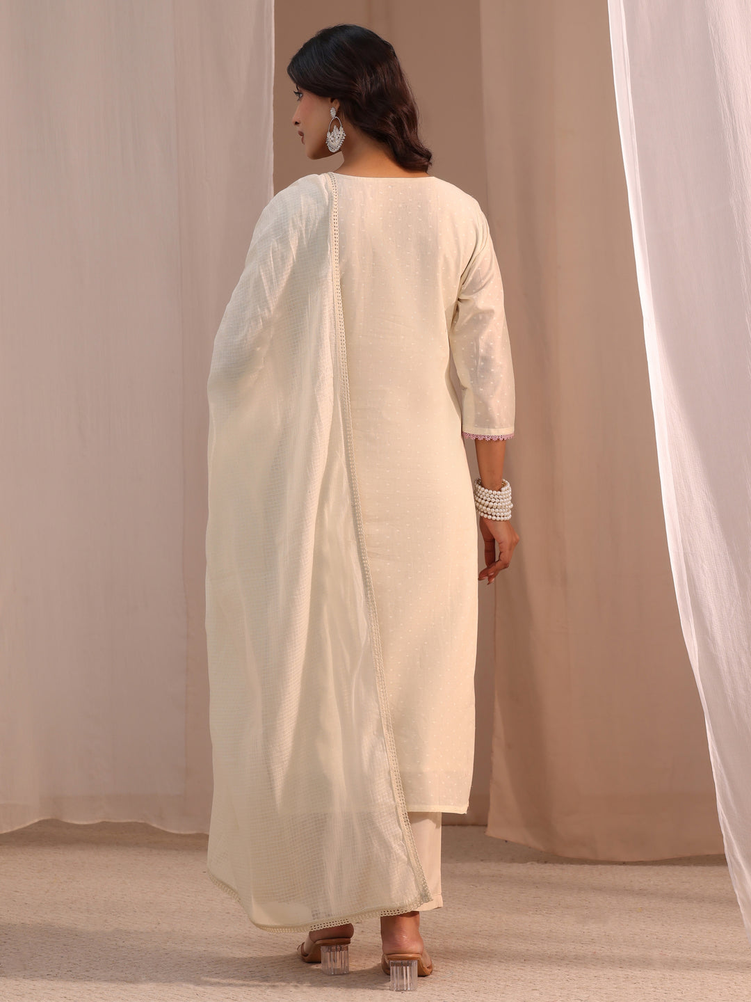 Libas Off White Embroidered Cotton Blend Straight Suit Set