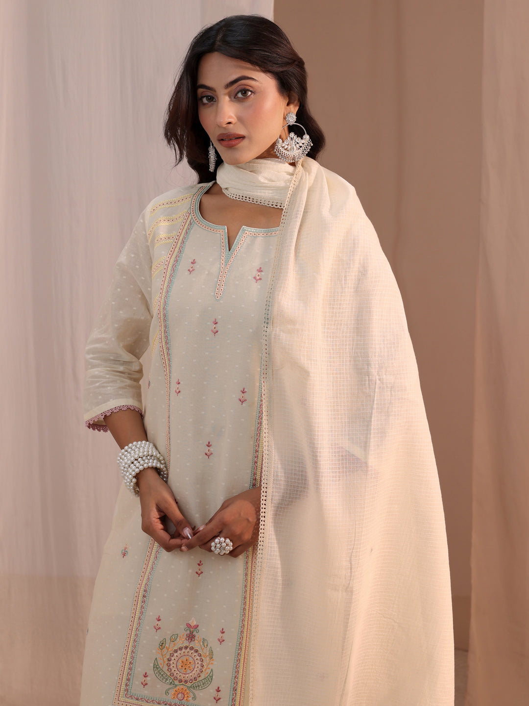 Libas Off White Embroidered Cotton Blend Straight Suit Set