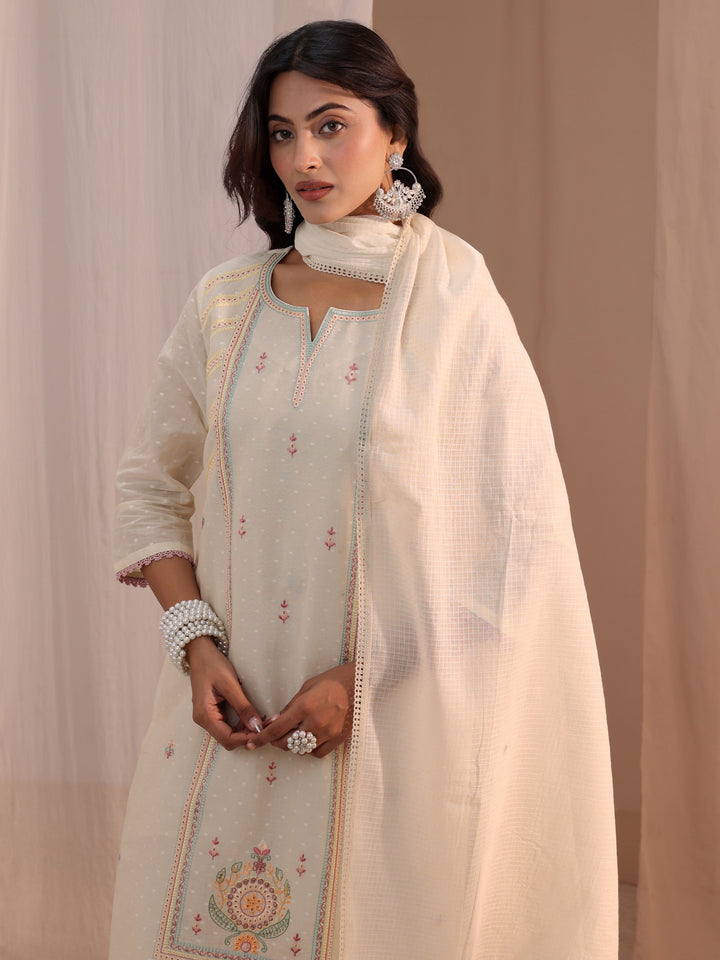 Libas Off White Embroidered Cotton Blend Straight Suit Set