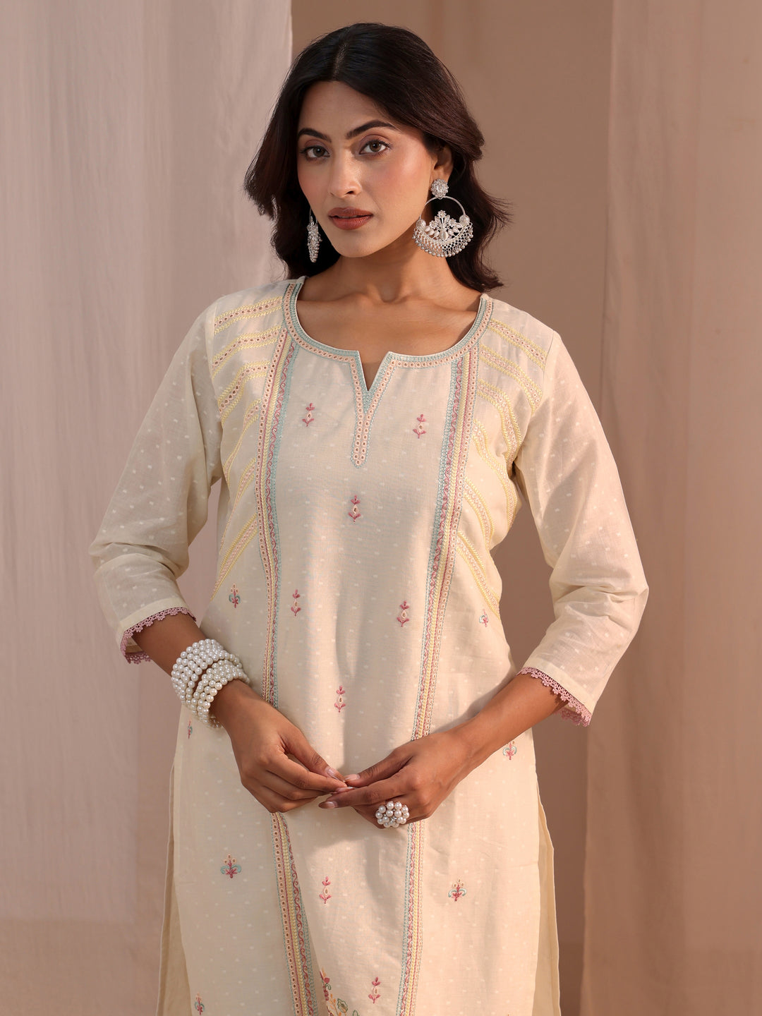 Libas Off White Embroidered Cotton Blend Straight Suit Set