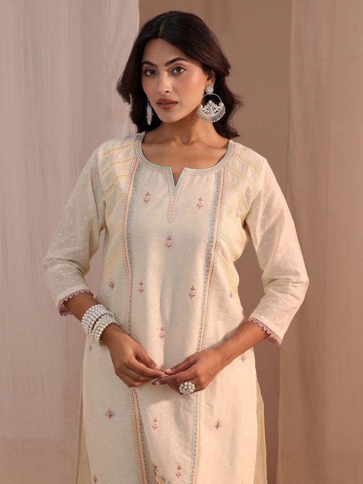 Libas Off White Embroidered Cotton Blend Straight Suit Set