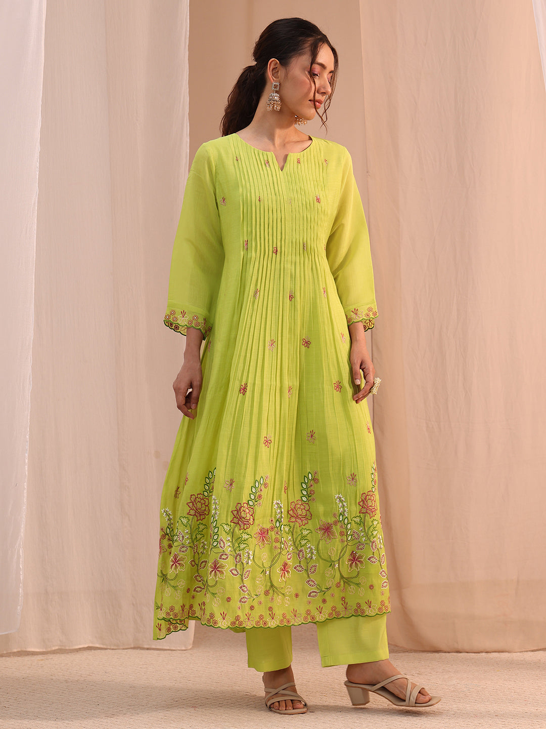 Libas Green Floral Embroidered Chanderi Cotton Anarkali Suit Set