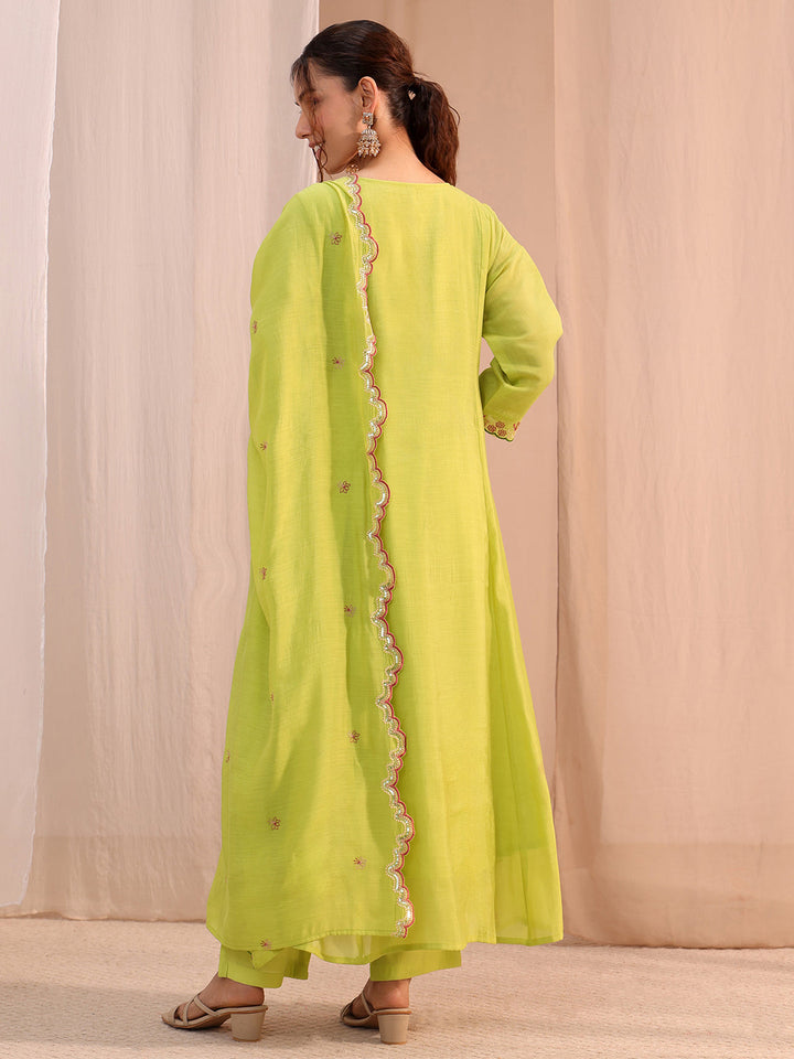 Libas Green Floral Embroidered Chanderi Cotton Anarkali Suit Set