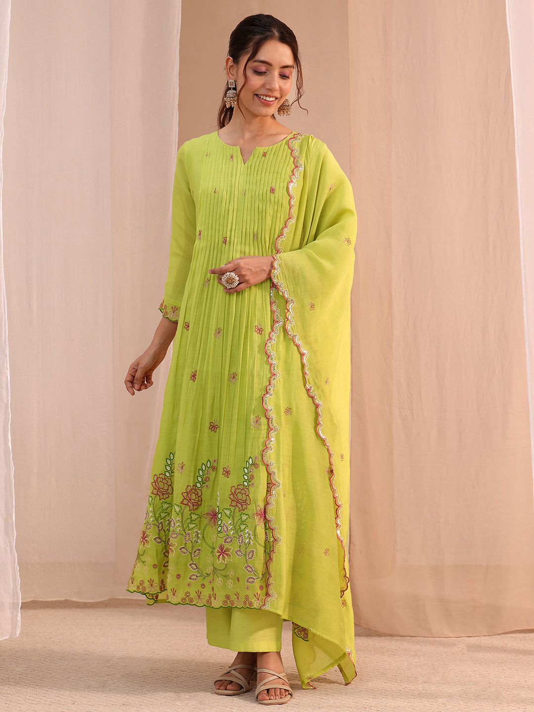 Libas Green Floral Embroidered Chanderi Cotton Anarkali Suit Set