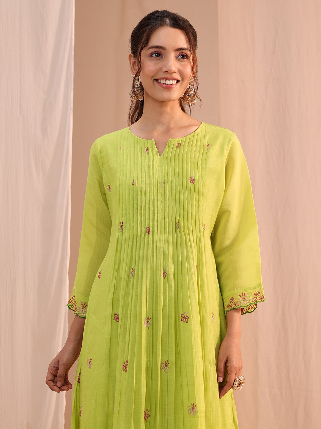 Libas Green Floral Embroidered Chanderi Cotton Anarkali Suit Set