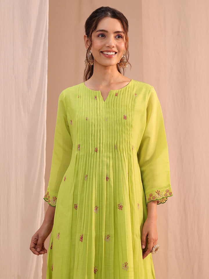 Libas Green Floral Embroidered Chanderi Cotton Anarkali Suit Set