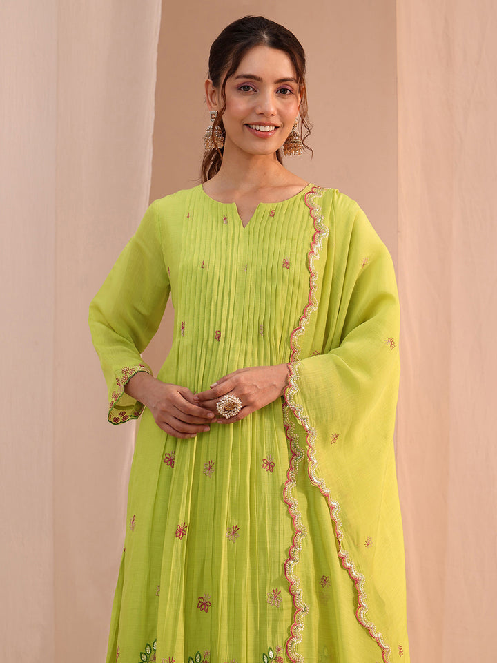 Libas Green Floral Embroidered Chanderi Cotton Anarkali Suit Set
