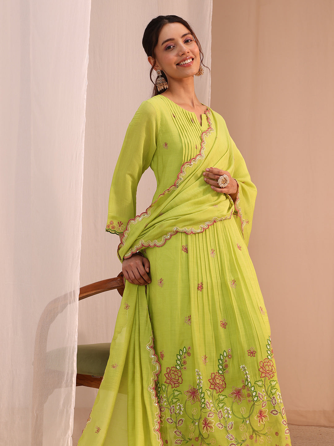 Libas Green Floral Embroidered Chanderi Cotton Anarkali Suit Set