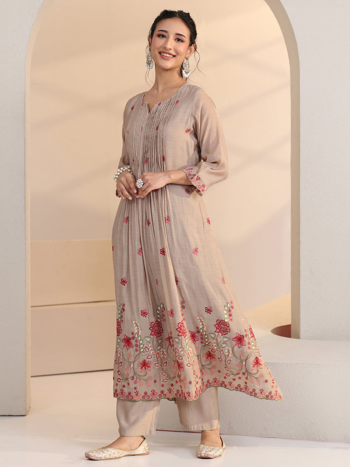 Libas Beige Floral Embroidered Chanderi Cotton A-Line Suit Set