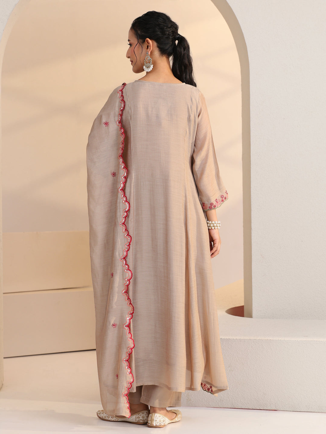 Libas Beige Floral Embroidered Chanderi Cotton A-Line Suit Set
