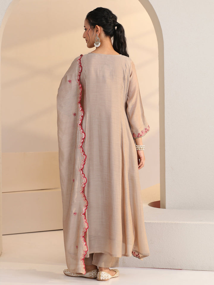 Libas Beige Floral Embroidered Chanderi Cotton A-Line Suit Set