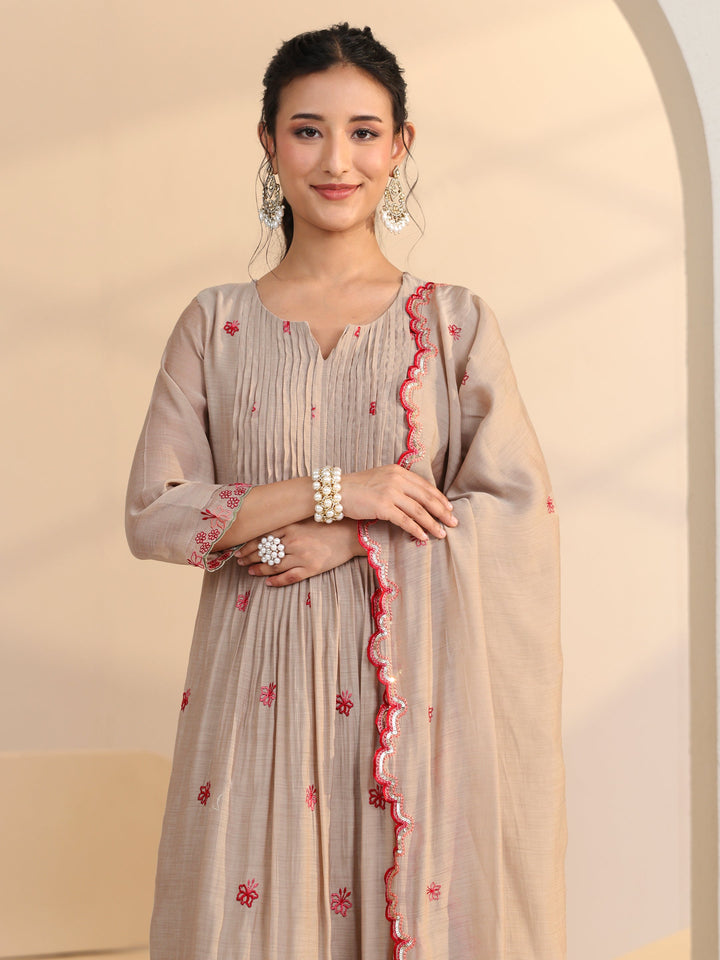 Libas Beige Floral Embroidered Chanderi Cotton A-Line Suit Set