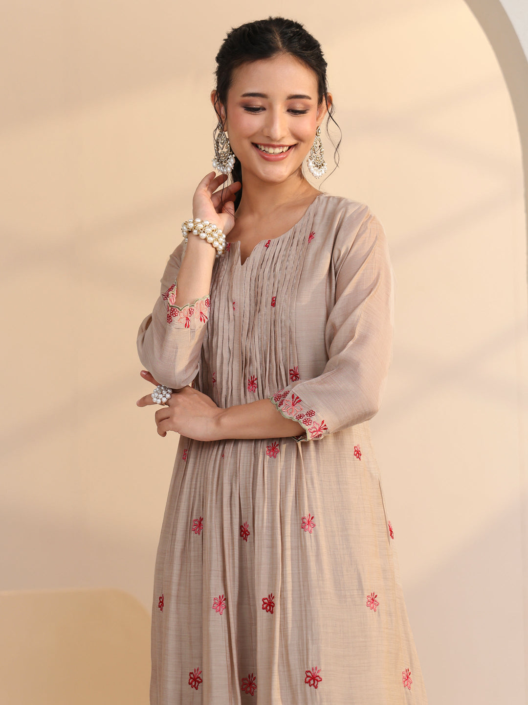 Libas Beige Floral Embroidered Chanderi Cotton A-Line Suit Set