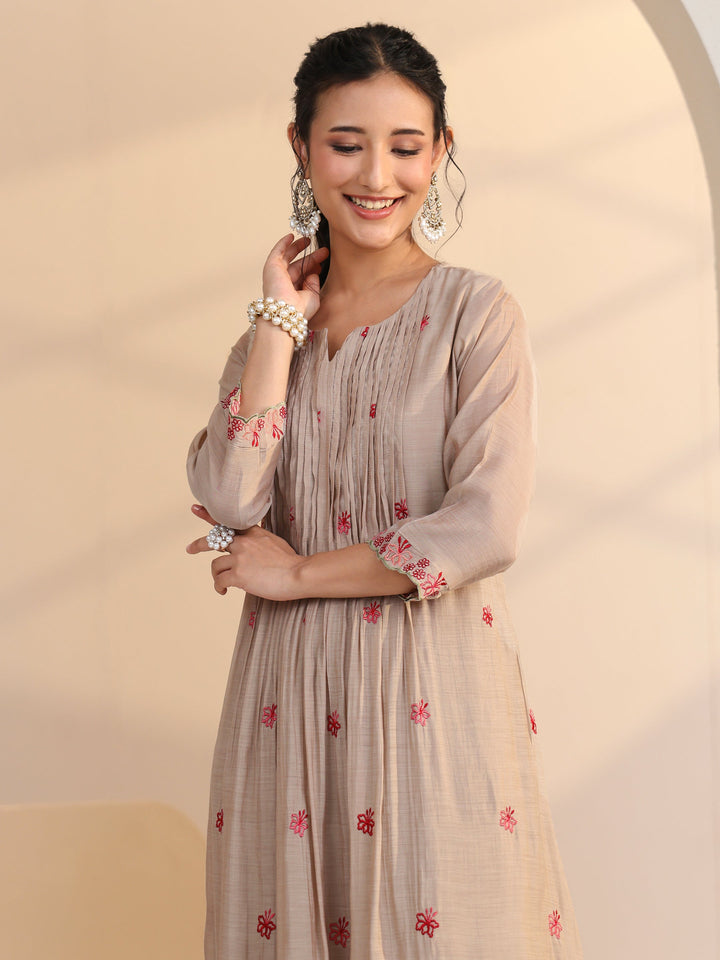 Libas Beige Floral Embroidered Chanderi Cotton A-Line Suit Set