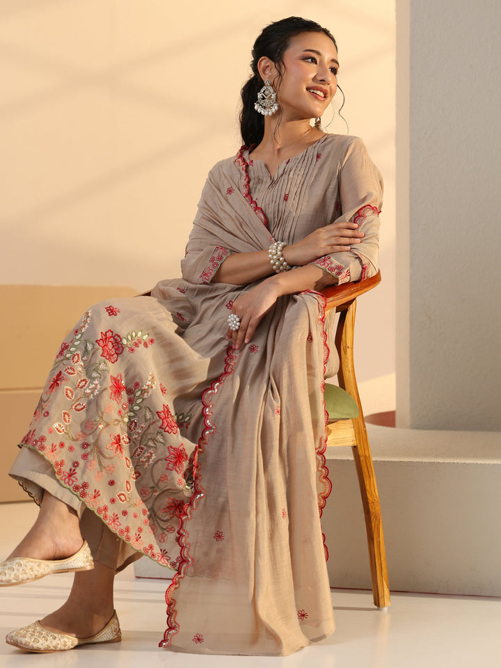 Libas Beige Floral Embroidered Chanderi Cotton A-Line Suit Set