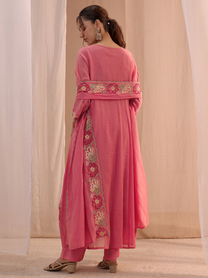 Libas Pink Floral Embroidered Chanderi Cotton A-Line Suit Set