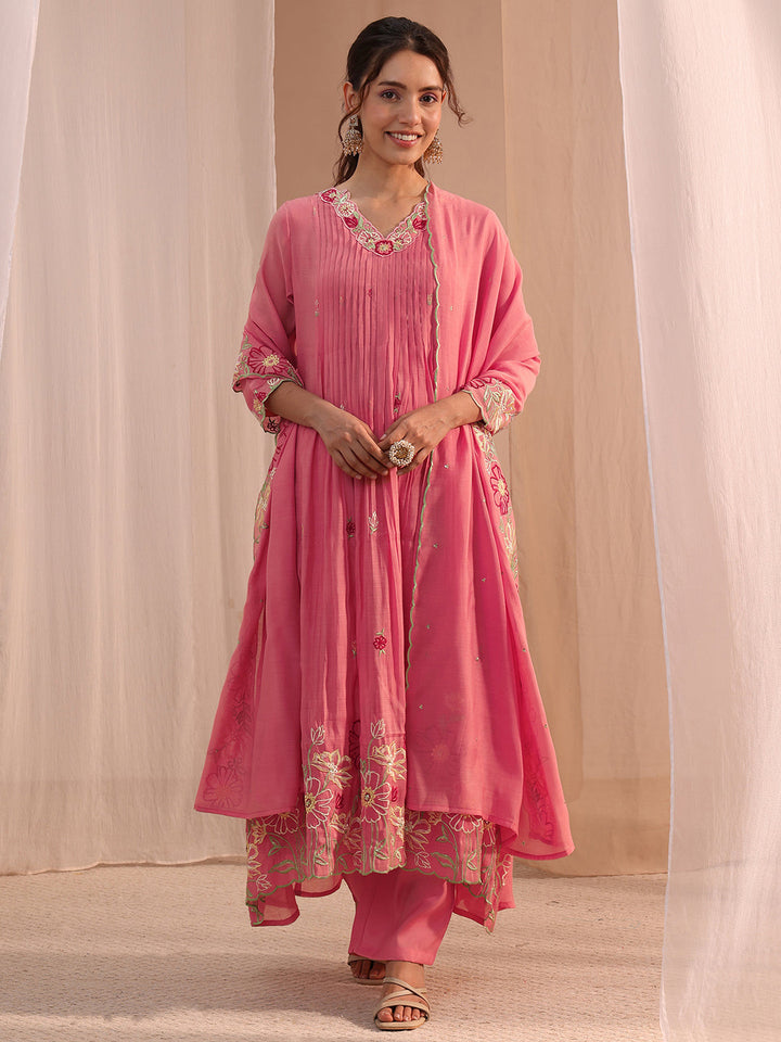 Libas Pink Floral Embroidered Chanderi Cotton A-Line Suit Set