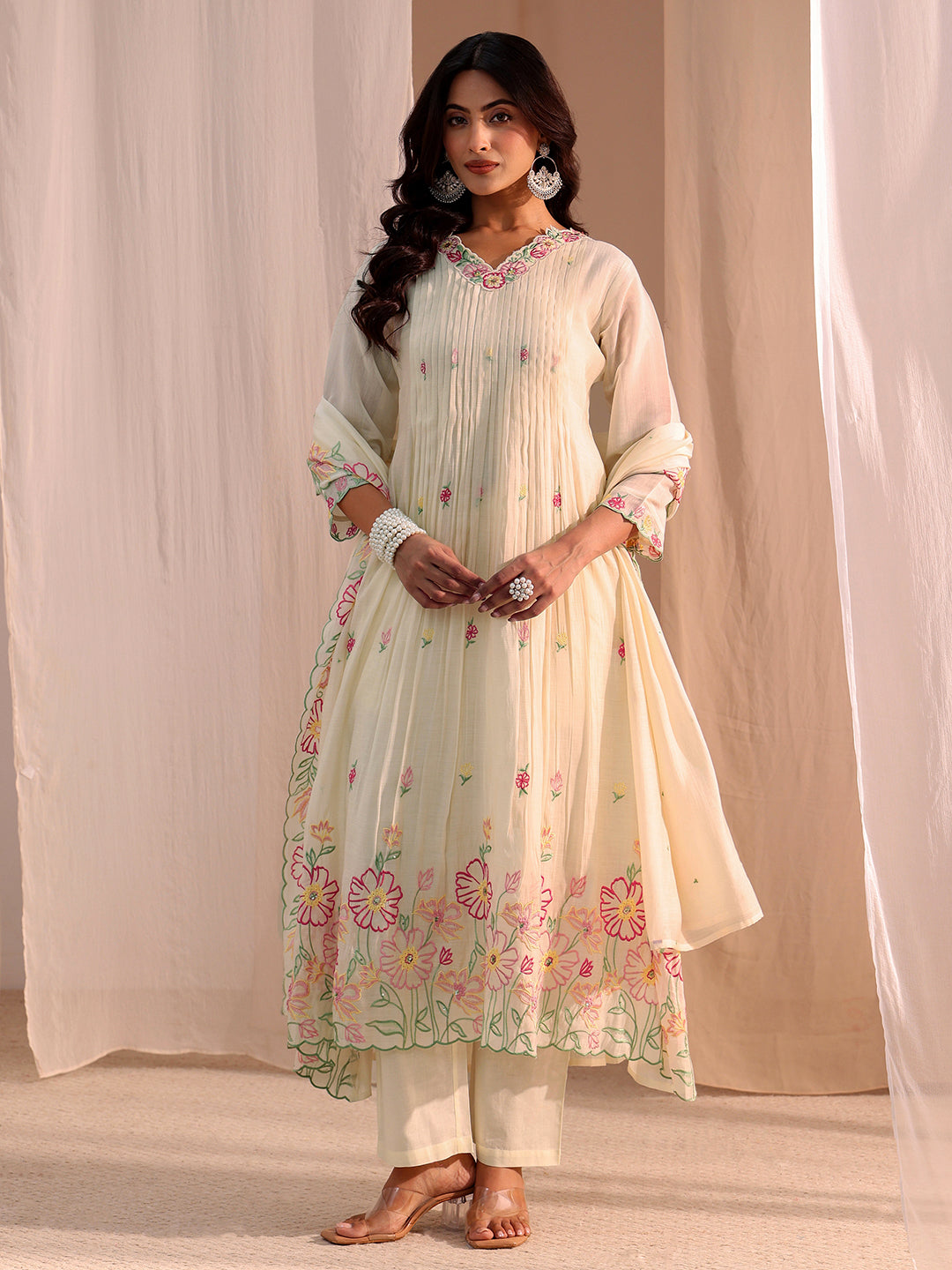 Libas White Floral Embroidered Chanderi Cotton Anarkali Suit Set