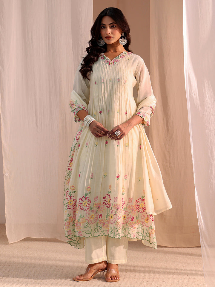 Libas White Floral Embroidered Chanderi Cotton Anarkali Suit Set