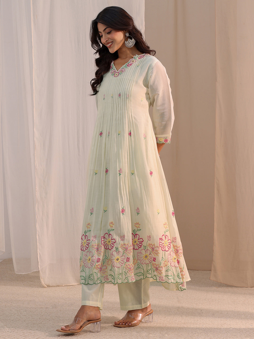Libas White Floral Embroidered Chanderi Cotton Anarkali Suit Set