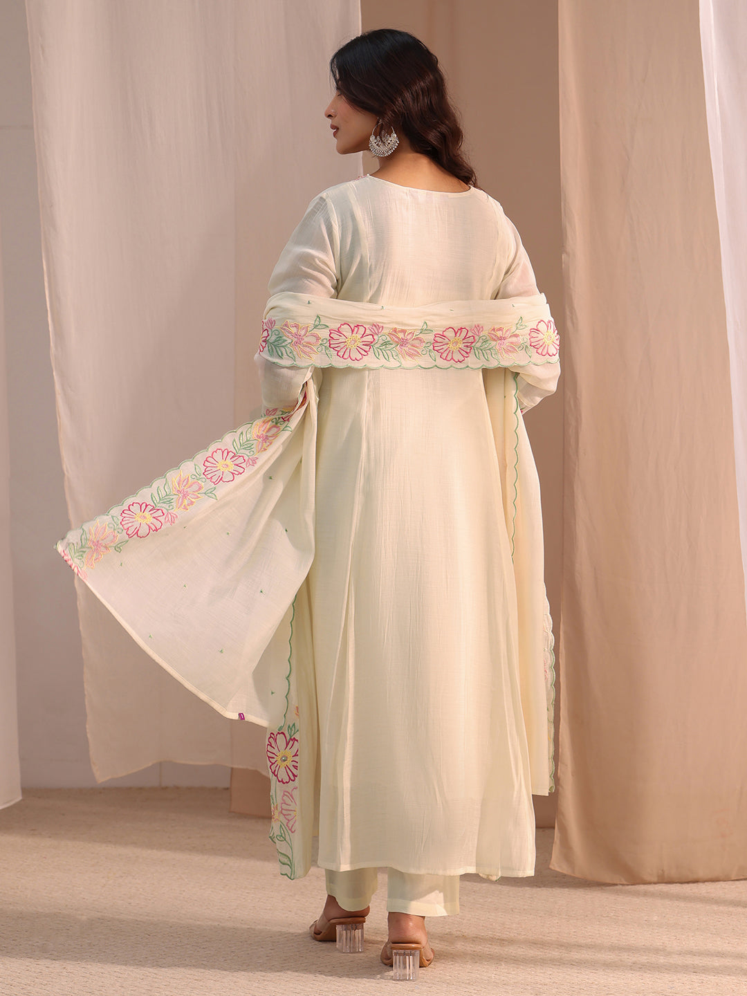 Libas White Floral Embroidered Chanderi Cotton Anarkali Suit Set