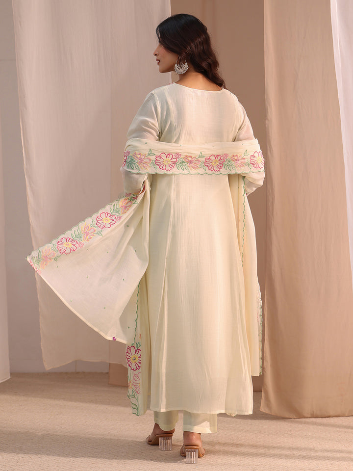 Libas White Floral Embroidered Chanderi Cotton Anarkali Suit Set