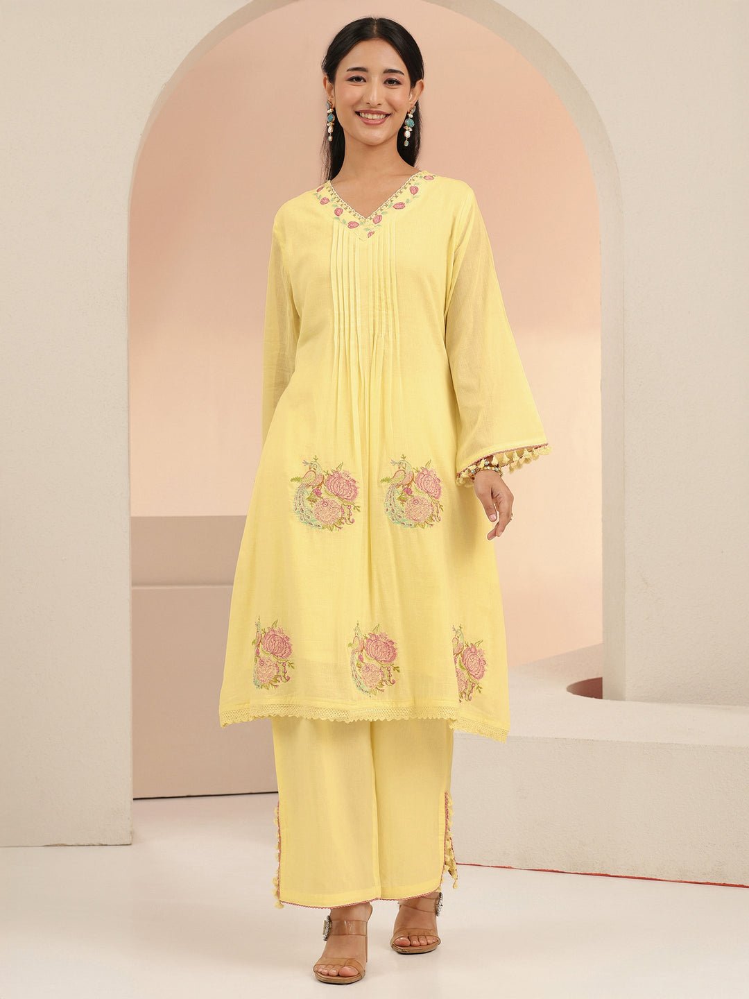 Libas Off White Peacock Motif Cotton A-Line Kurta Set