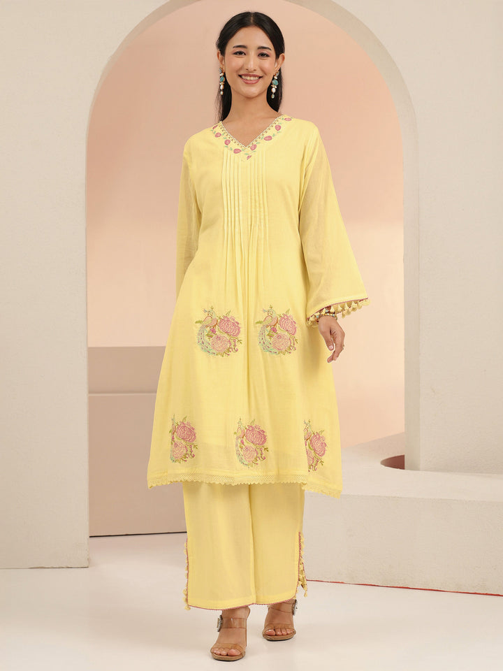 Libas Off White Peacock Motif Cotton A-Line Kurta Set