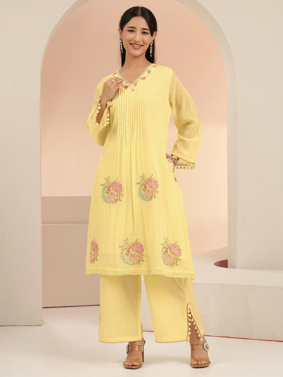 Libas Off White Peacock Motif Cotton A-Line Kurta Set