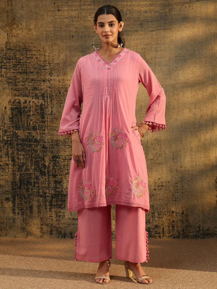 Libas Bubblegum Pink Floral Embroidered Cotton A line Kurta Set