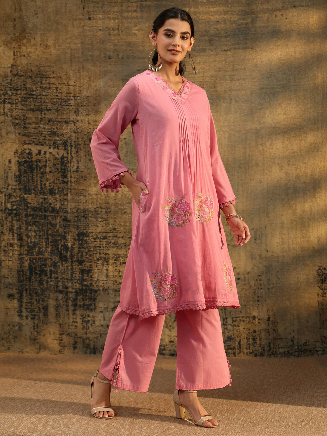 Libas Bubblegum Pink Floral Embroidered Cotton A line Kurta Set