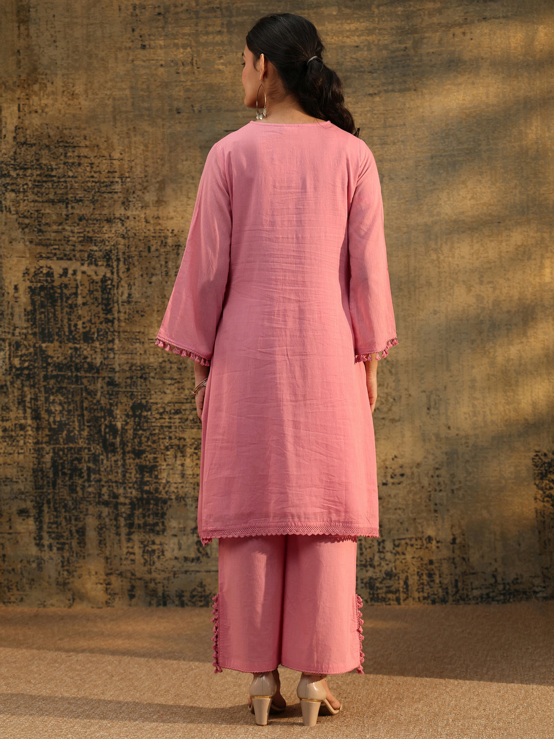 Libas Bubblegum Pink Floral Embroidered Cotton A line Kurta Set