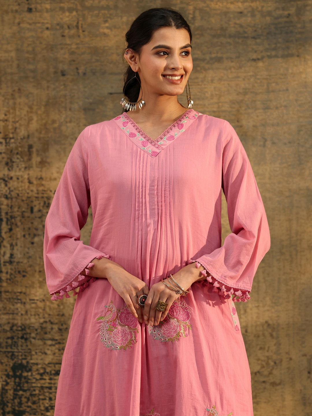 Libas Bubblegum Pink Floral Embroidered Cotton A line Kurta Set