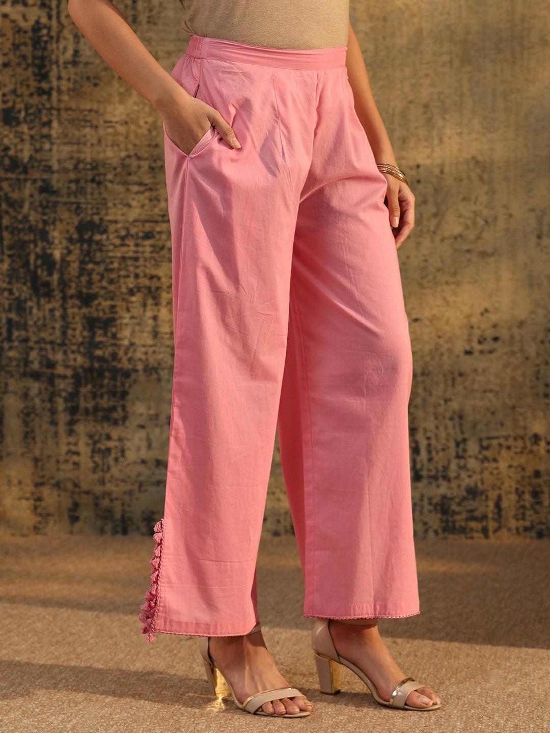 Libas Bubblegum Pink Floral Embroidered Cotton A line Kurta Set